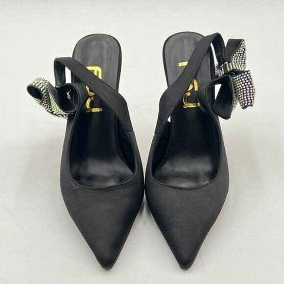 FSJ Black Pointed Toe High Heel Ankle Strap Rhinestone Bowknot Slingback Pumps - Picture 3 of 8
